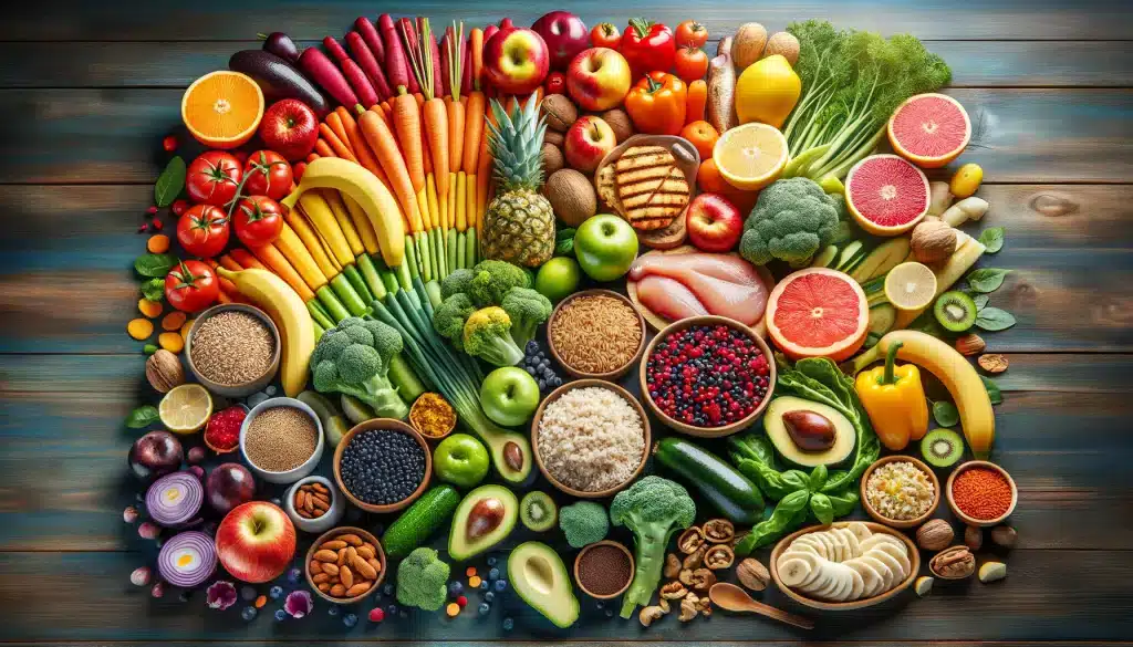 Illustration de fruit et de légumes pausés sur une table 