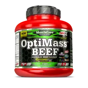 Pot de AMIX Optimass Beef Gainer, gainer au bœuf hydrolysé avec HydroBEEF™, Kre-Alkalyn®, BCAA, glutamine et Vitargo®