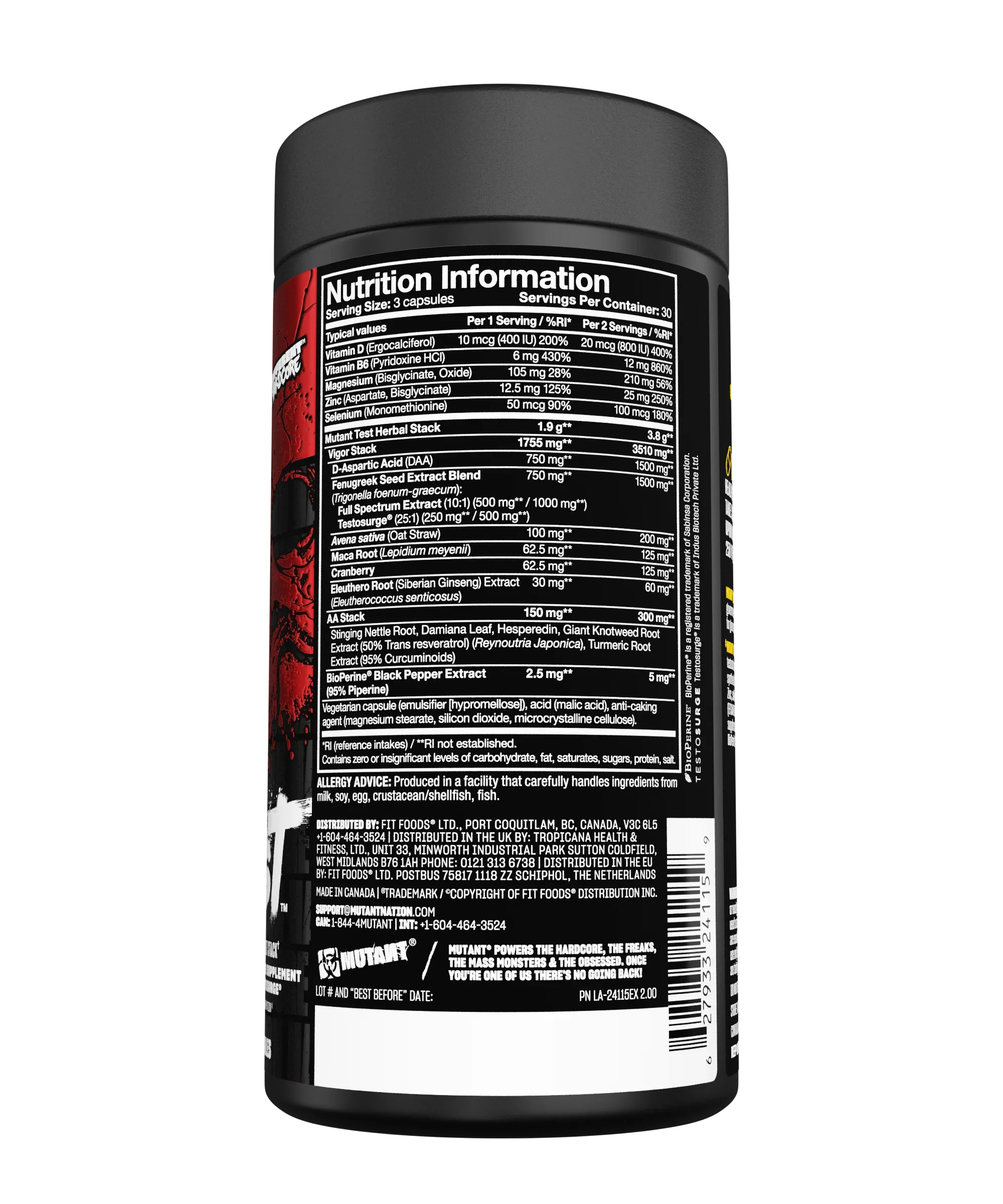 Flacon de MUTANT Test 90 Caps, complexe masculin avec zinc, magnésium, vitamine B6, DAA, fenugrec, maca et BioPerine®
