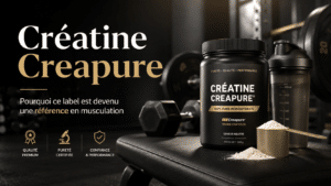 couv Pot de créatine Creapure avec shaker et haltères sur fond salle de sport