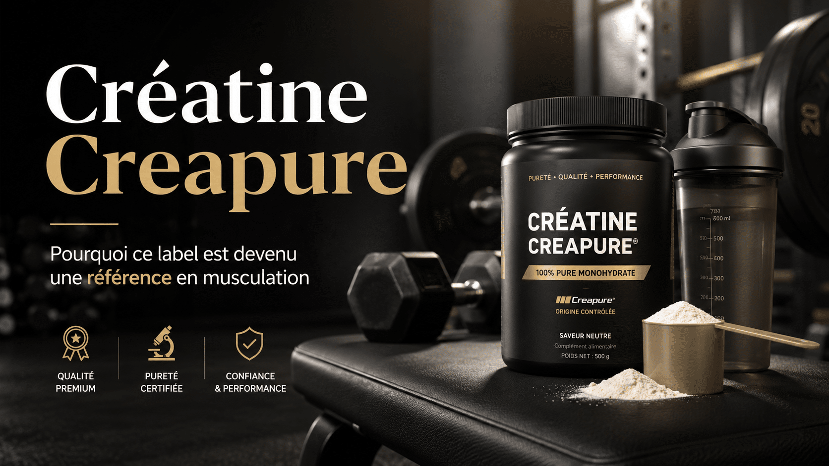 couv Pot de créatine Creapure avec shaker et haltères sur fond salle de sport