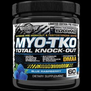 HARDCORE MYO TKO Blue Raspberry, pre-workout high stim avec caféine, DMAA, bêta-alanine, agmatine, citrulline et MK-2866