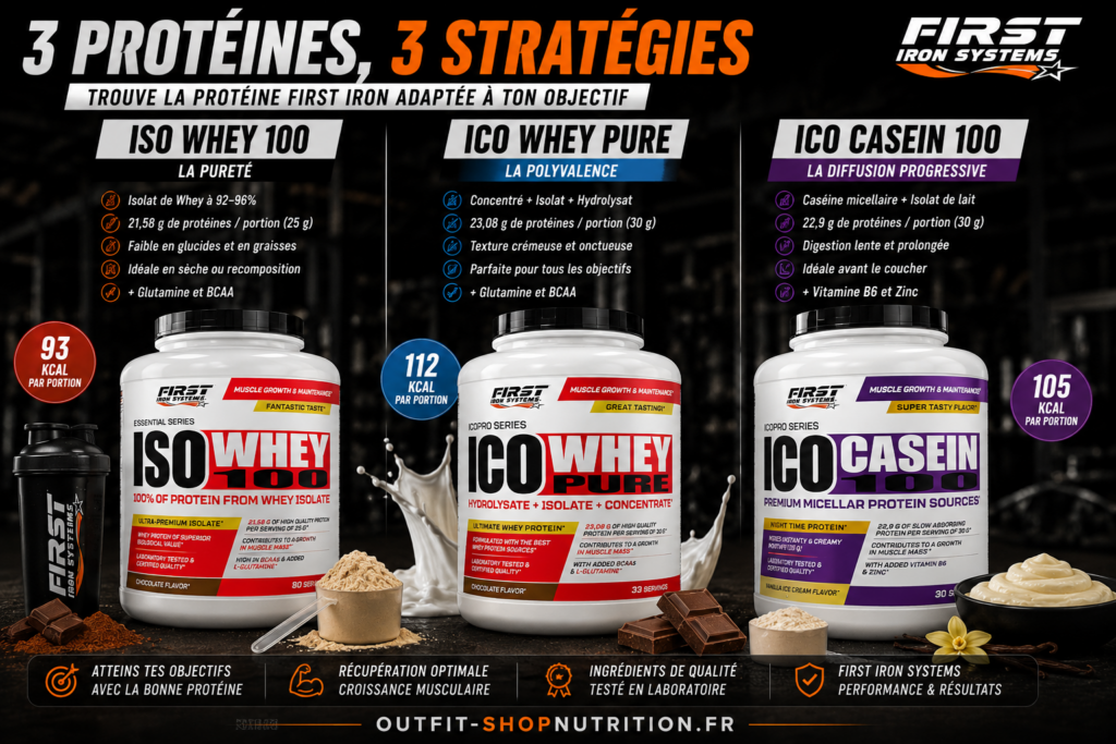 comparaison protéines First Iron ISO Whey ICO Whey et Casein