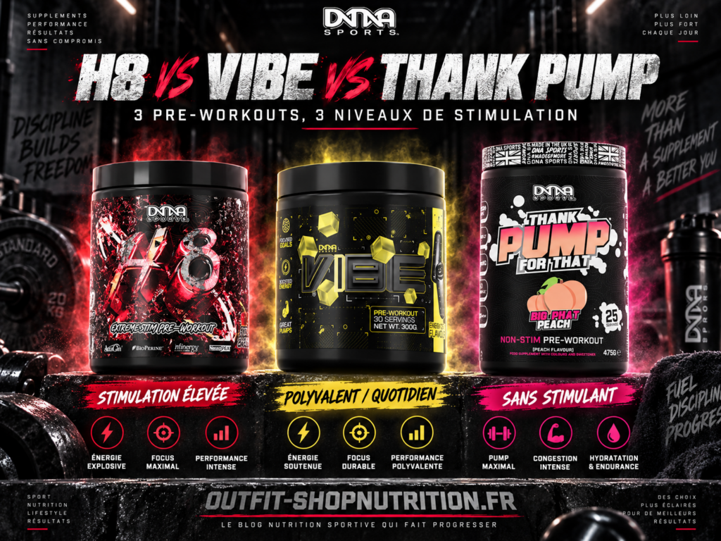 H8 vs VIBE vs Thank Pump — « 3 pre-workouts, 3 niveaux de stimulation ».