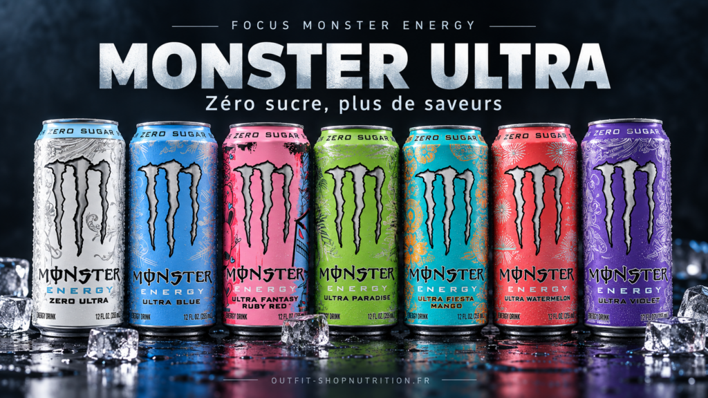 Monster Ultra
« Zéro sucre, des dizaines de saveurs » avec plusieurs canettes Ultra et une ambiance glace/néon.