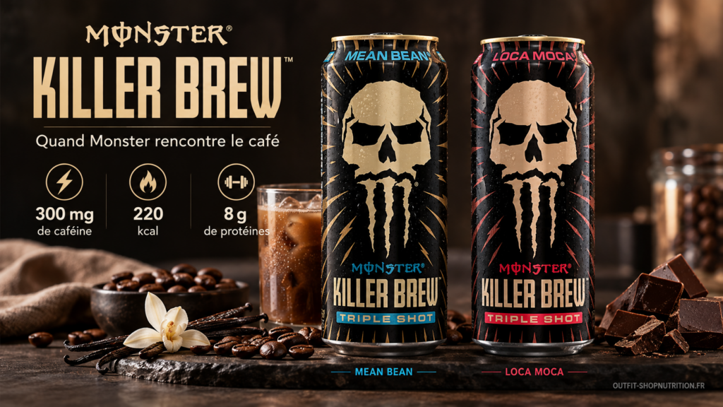 Killer Brew
« Quand Monster rencontre le café » avec Loca Moca + Mean Bean, café, glaçons et rappel visuel 300 mg / 220 kcal / 8 g protéines.