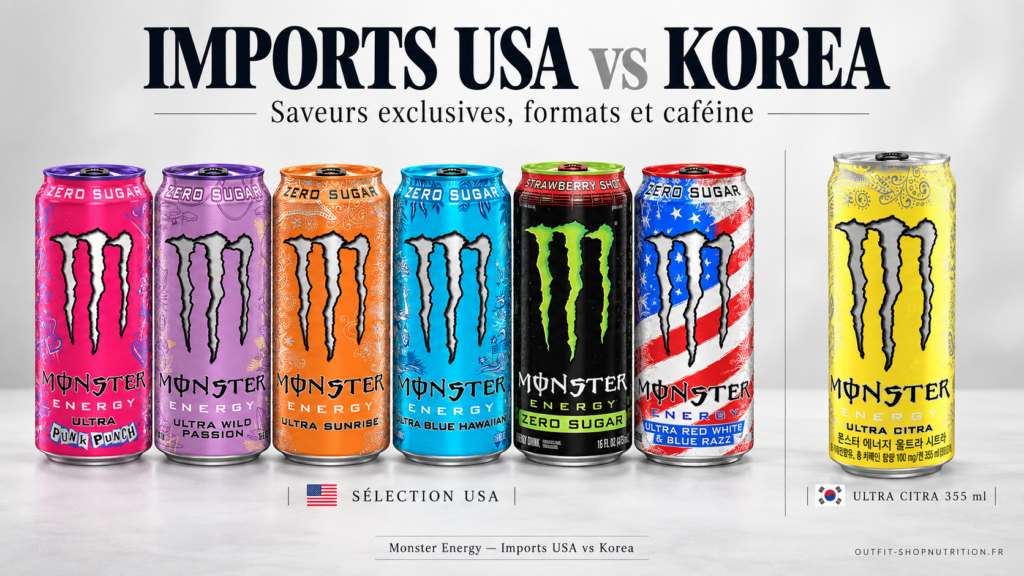 Imports USA vs Korea
« 100, 150 ou 160 mg : toutes les Monster ne se valent pas » avec Ultra Citra, Strawberry Shot, Red White & Blue Razz et plusieurs Ultra USA.